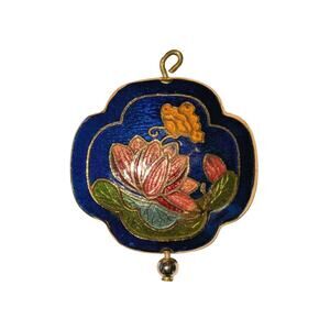 Vintage Cloisonné 2 Sided Pendant Blue Multicolor Butterfly Lotus Gold Tone 1.5"